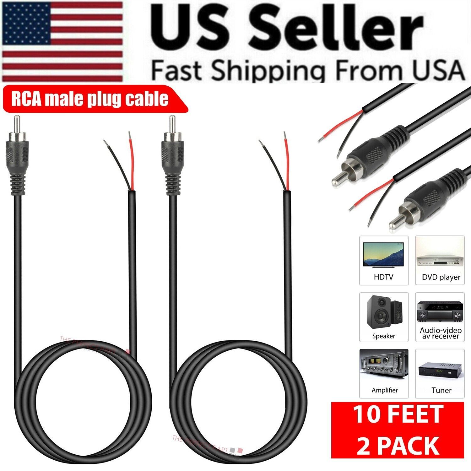 Home Cinema Solution - 2-Pack 10ft RCA Male Plug To